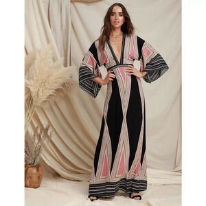 Lulus Montecito Boho Cali Hippie Print Maxi Dress, Black Pink - Size M Rayon